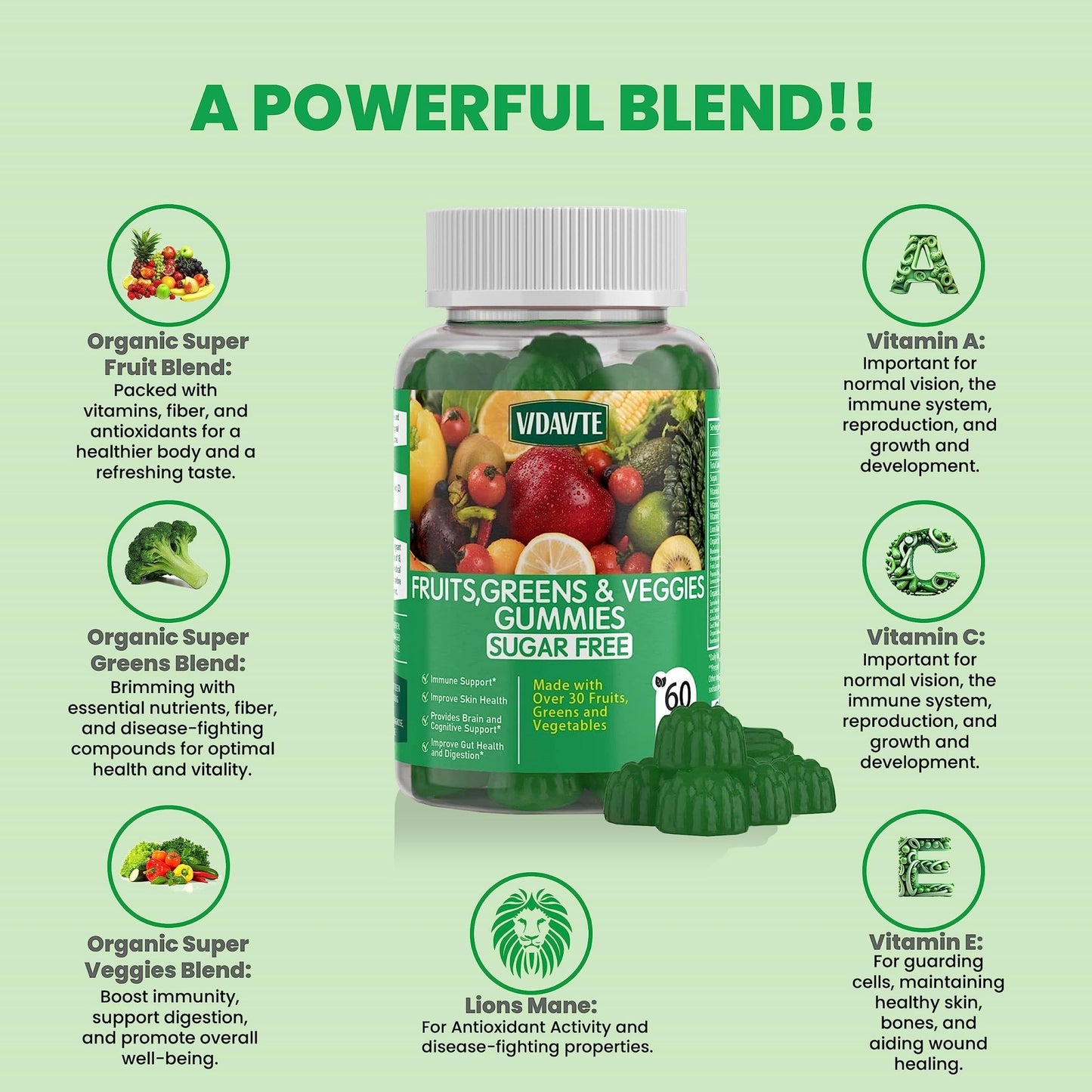 VIDAVITE Sugar-free Super Greens Gummies — US-Made, 35+ Fruit and Veggie gummies to Boost Immunity, Skin & Gut Health — Ideal Fruits and Vegetables Supplement for Adults & Picky Teens (30-Days Supply) - dailyvitalstore