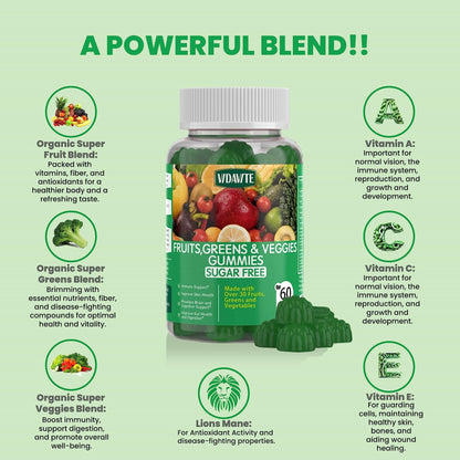 VIDAVITE Sugar-free Super Greens Gummies — US-Made, 35+ Fruit and Veggie gummies to Boost Immunity, Skin & Gut Health — Ideal Fruits and Vegetables Supplement for Adults & Picky Teens (30-Days Supply) - dailyvitalstore