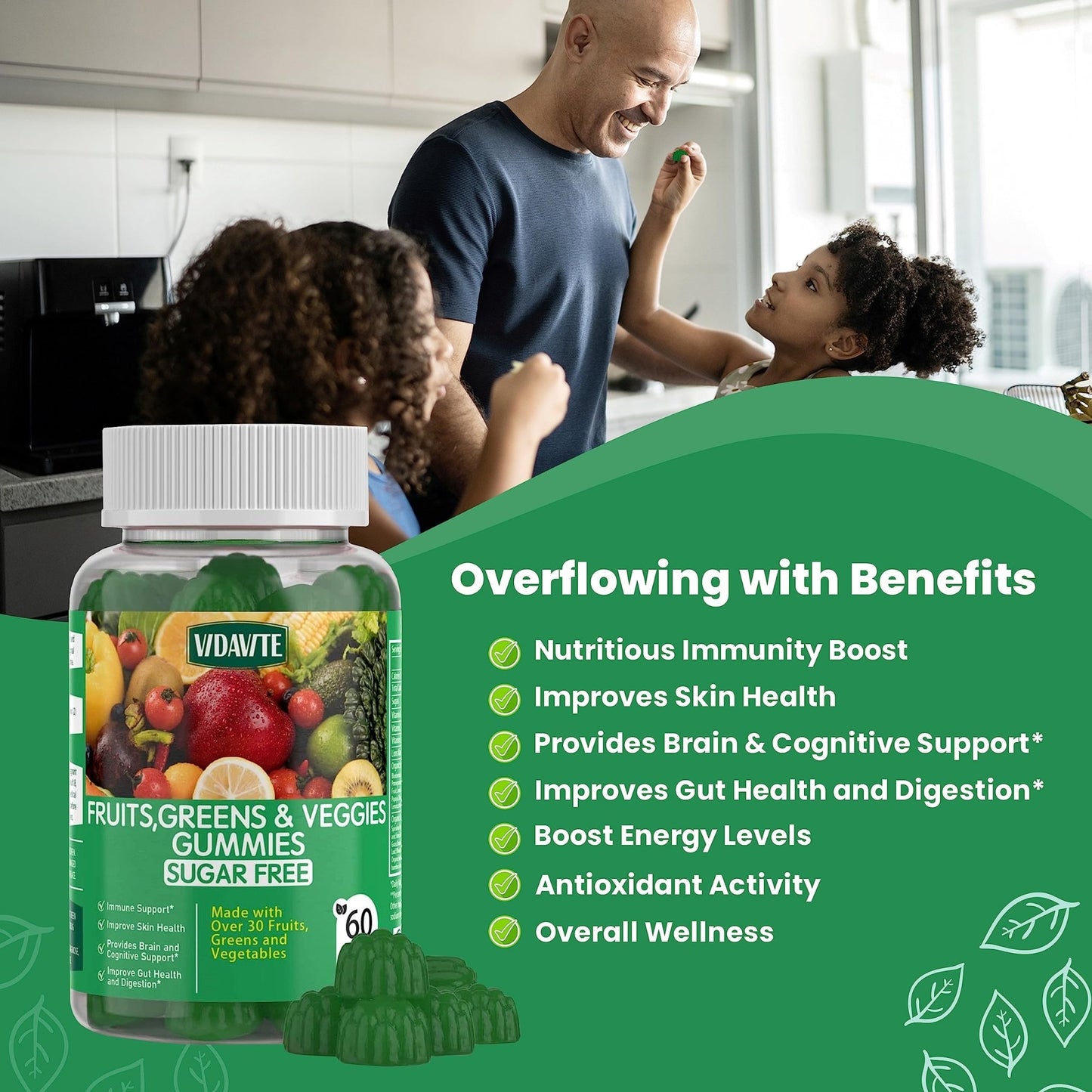VIDAVITE Sugar-free Super Greens Gummies — US-Made, 35+ Fruit and Veggie gummies to Boost Immunity, Skin & Gut Health — Ideal Fruits and Vegetables Supplement for Adults & Picky Teens (30-Days Supply) - dailyvitalstore