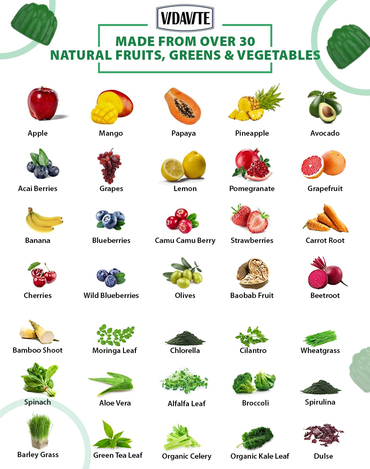 VIDAVITE Sugar-free Super Greens Gummies — US-Made, 35+ Fruit and Veggie gummies to Boost Immunity, Skin & Gut Health — Ideal Fruits and Vegetables Supplement for Adults & Picky Teens (30-Days Supply) - dailyvitalstore