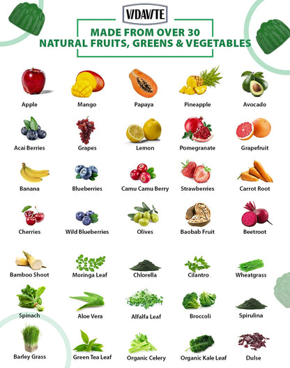 VIDAVITE Sugar-free Super Greens Gummies — US-Made, 35+ Fruit and Veggie gummies to Boost Immunity, Skin & Gut Health — Ideal Fruits and Vegetables Supplement for Adults & Picky Teens (30-Days Supply) - dailyvitalstore