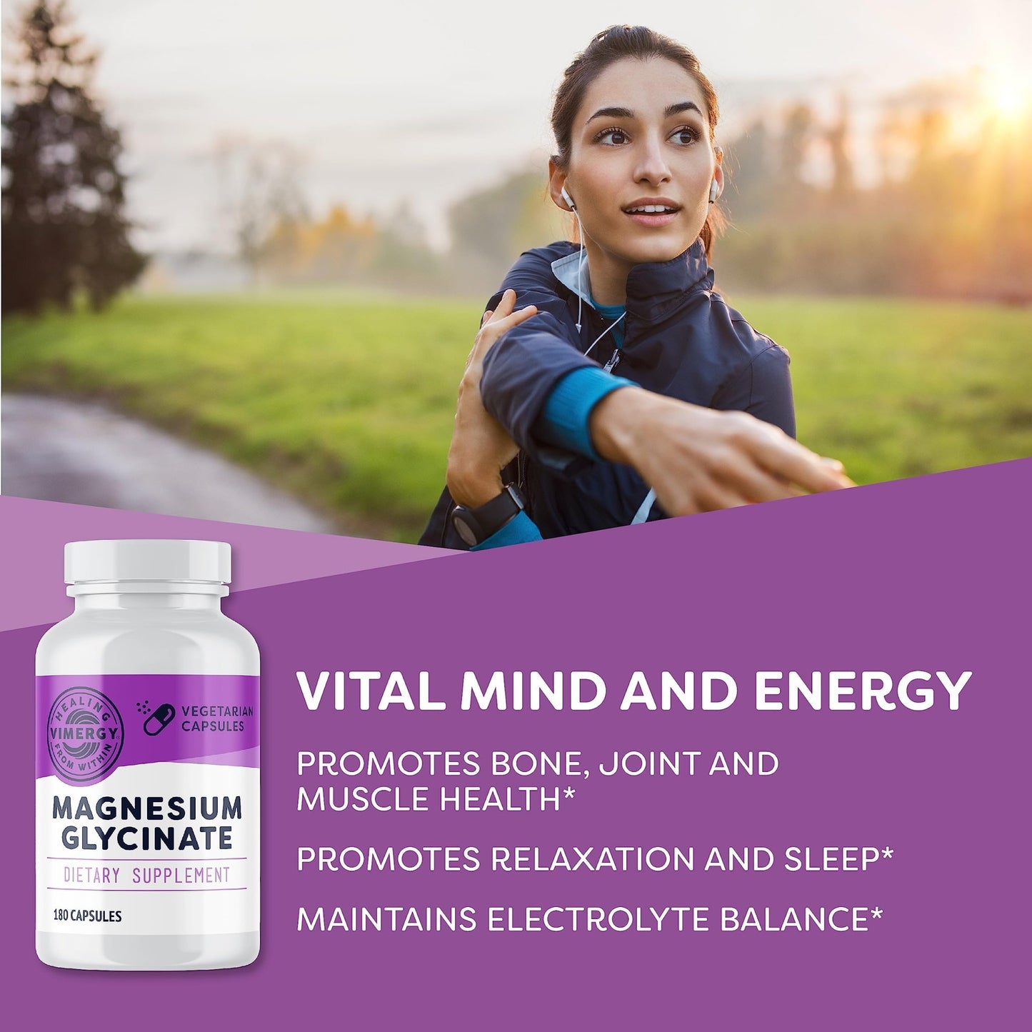 VIMERGY Magnesium Glycinate – Stress Support – Chelated to Avoid Tummy Upset*– Promotes Heart Health & Energy*– Kosher, Vegan Gluten-Free – 180 Caps - dailyvitalstore