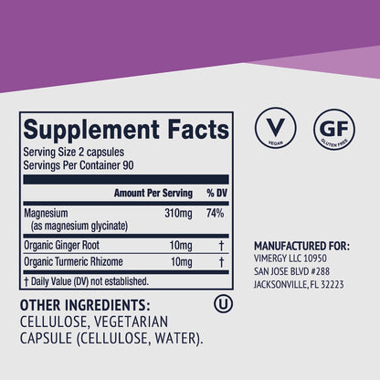 VIMERGY Magnesium Glycinate – Stress Support – Chelated to Avoid Tummy Upset*– Promotes Heart Health & Energy*– Kosher, Vegan Gluten-Free – 180 Caps - dailyvitalstore