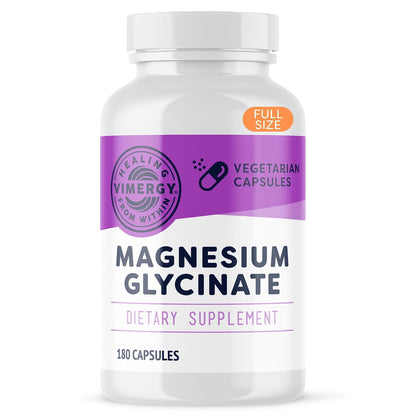 VIMERGY Magnesium Glycinate – Stress Support – Chelated to Avoid Tummy Upset*– Promotes Heart Health & Energy*– Kosher, Vegan Gluten-Free – 180 Caps - dailyvitalstore