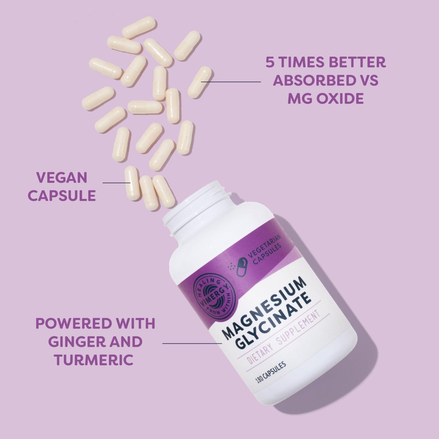 VIMERGY Magnesium Glycinate – Stress Support – Chelated to Avoid Tummy Upset*– Promotes Heart Health & Energy*– Kosher, Vegan Gluten-Free – 180 Caps - dailyvitalstore