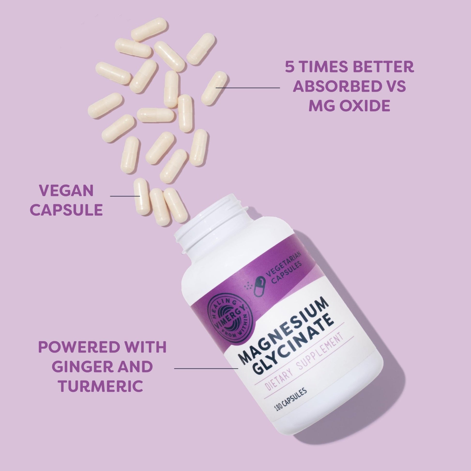 VIMERGY Magnesium Glycinate – Stress Support – Chelated to Avoid Tummy Upset*– Promotes Heart Health & Energy*– Kosher, Vegan Gluten-Free – 180 Caps - dailyvitalstore