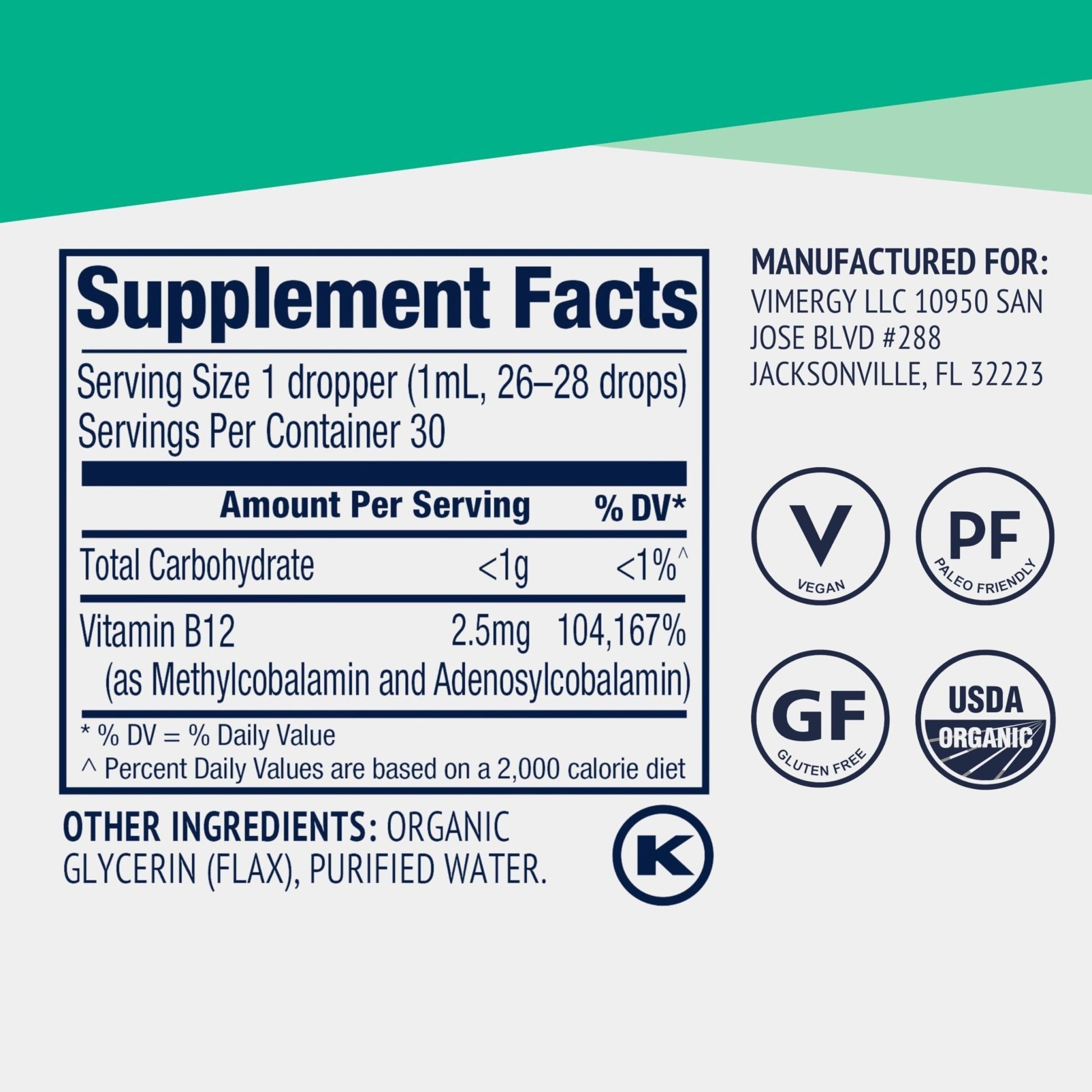 Vimergy USDA Organic Liquid Vitamin B12 Supplement 2500 mcg, Methylcobalamin & Adenosylcobalamin Fast-Absorbing Energy Support, Vegan, Non-GMO B12 Vitamins - dailyvitalstore