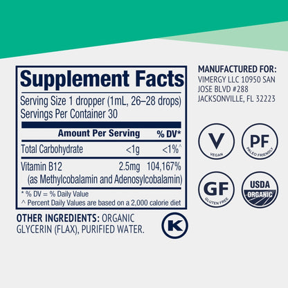 Vimergy USDA Organic Liquid Vitamin B12 Supplement 2500 mcg, Methylcobalamin & Adenosylcobalamin Fast-Absorbing Energy Support, Vegan, Non-GMO B12 Vitamins - dailyvitalstore
