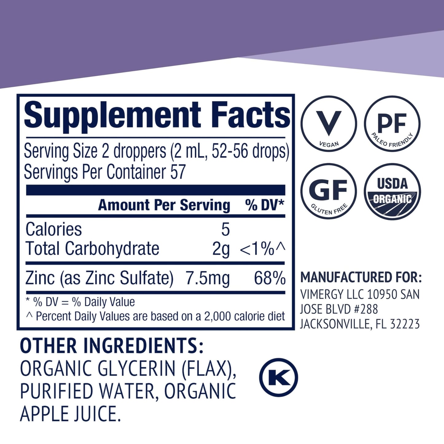 VIMERGY USDA Organic Zinc Supplements for Women & Men (7.5mg Liquid Zinc Per Serving) Fast-Absorbing Immune Support - dailyvitalstore