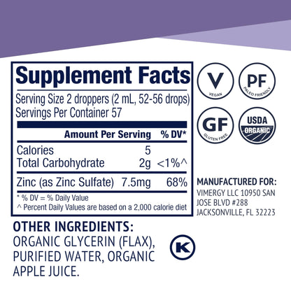 VIMERGY USDA Organic Zinc Supplements for Women & Men (7.5mg Liquid Zinc Per Serving) Fast-Absorbing Immune Support - dailyvitalstore