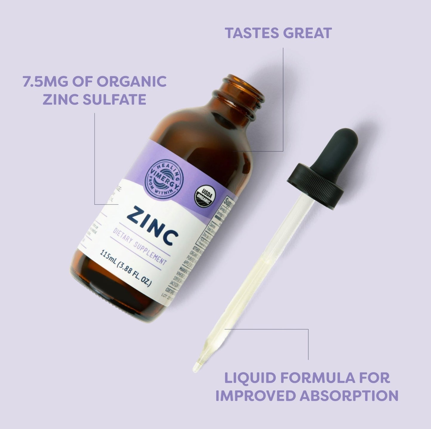 VIMERGY USDA Organic Zinc Supplements for Women & Men (7.5mg Liquid Zinc Per Serving) Fast-Absorbing Immune Support - dailyvitalstore