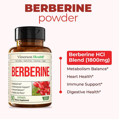 Vimerson Health Berberine Supplement with Third Party Tested Berberine 1800mg - Immune Support Supplement for Cardiovascular, Gastrointestinal Function & Metabolic Aid - Vegan & Non-GMO - dailyvitalstore