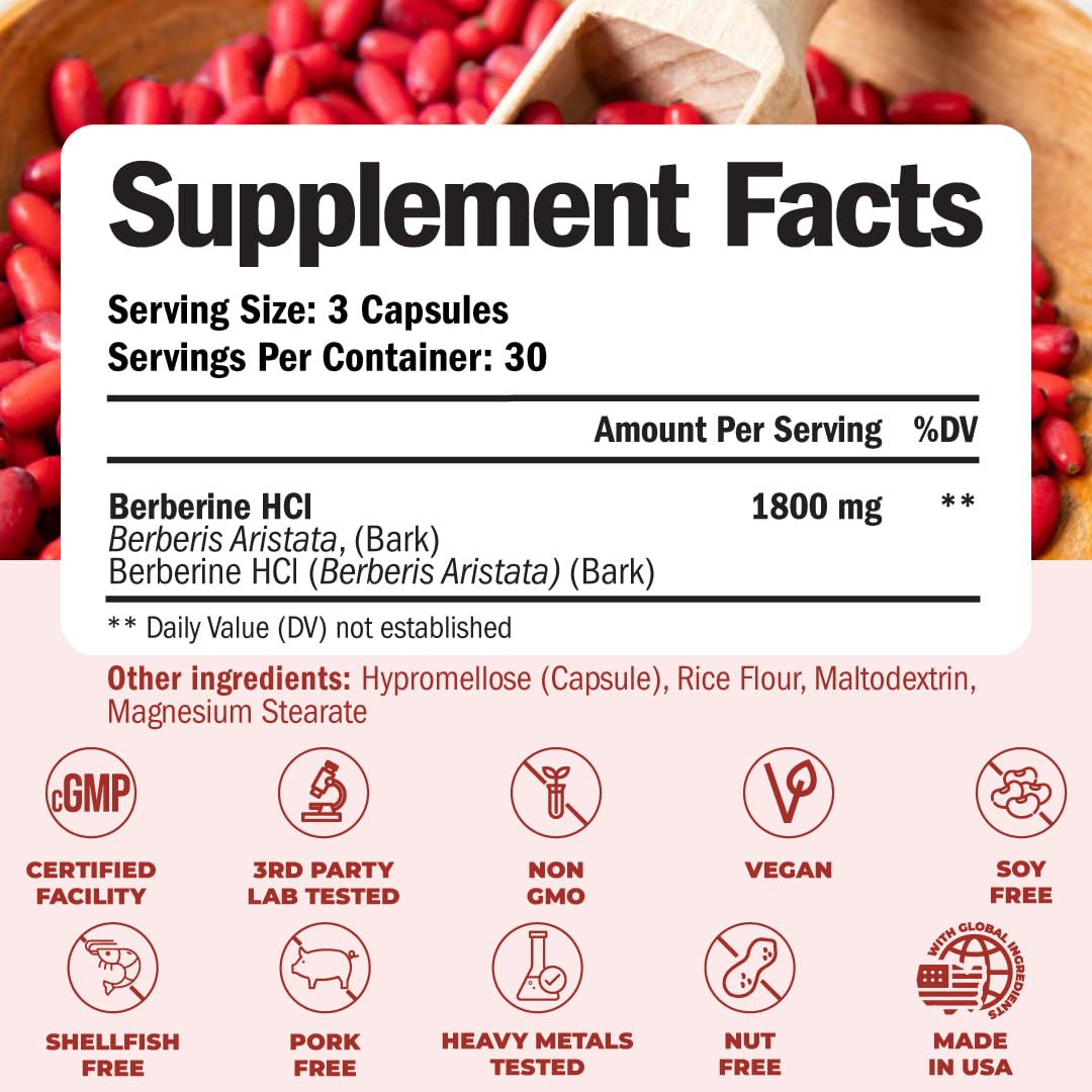 Vimerson Health Berberine Supplement with Third Party Tested Berberine 1800mg - Immune Support Supplement for Cardiovascular, Gastrointestinal Function & Metabolic Aid - Vegan & Non-GMO - dailyvitalstore