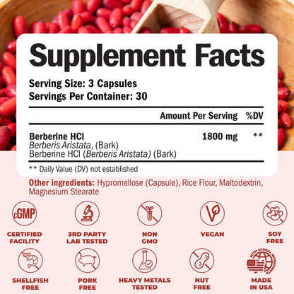 Vimerson Health Berberine Supplement with Third Party Tested Berberine 1800mg - Immune Support Supplement for Cardiovascular, Gastrointestinal Function & Metabolic Aid - Vegan & Non-GMO - dailyvitalstore