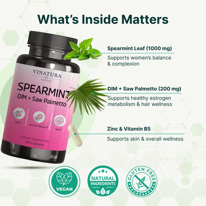 VINATURA Spearmint Leaf Capsules Supplement - Enhanced with DIM & Saw Palmetto, for Unwanted Hair, Women' Health & Skin *USA Made & Tested* - 1380mg/serving, 60 Capsules (30 Servings) - dailyvitalstore