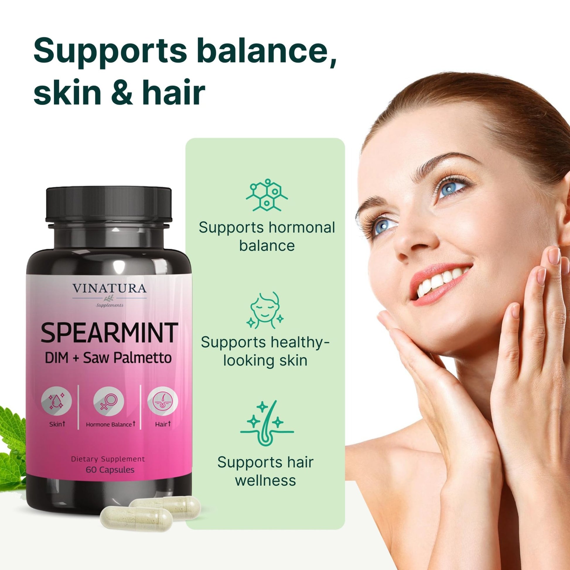 VINATURA Spearmint Leaf Capsules Supplement - Enhanced with DIM & Saw Palmetto, for Unwanted Hair, Women' Health & Skin *USA Made & Tested* - 1380mg/serving, 60 Capsules (30 Servings) - dailyvitalstore