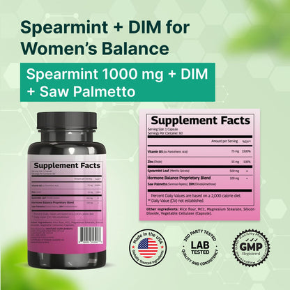 VINATURA Spearmint Leaf Capsules Supplement - Enhanced with DIM & Saw Palmetto, for Unwanted Hair, Women' Health & Skin *USA Made & Tested* - 1380mg/serving, 60 Capsules (30 Servings) - dailyvitalstore