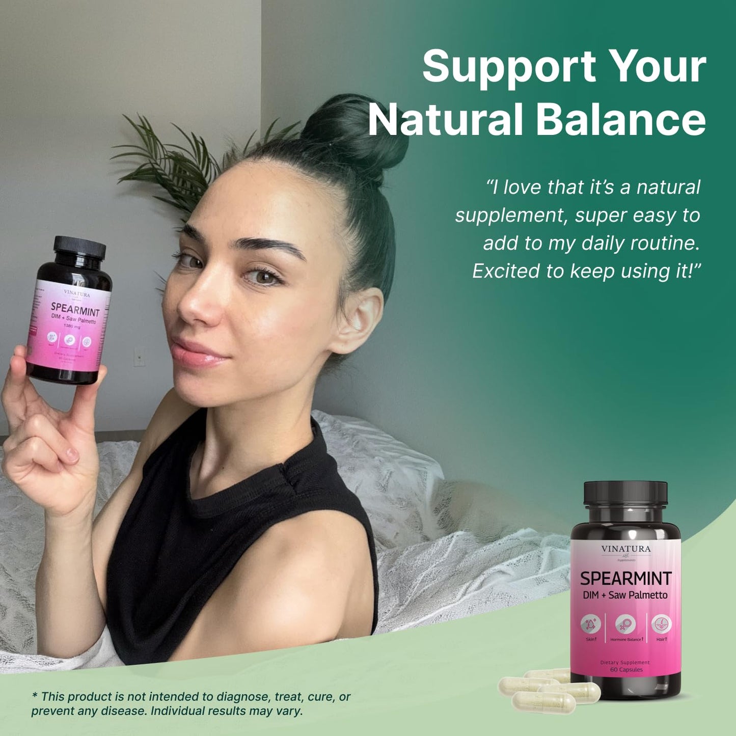 VINATURA Spearmint Leaf Capsules Supplement - Enhanced with DIM & Saw Palmetto, for Unwanted Hair, Women' Health & Skin *USA Made & Tested* - 1380mg/serving, 60 Capsules (30 Servings) - dailyvitalstore