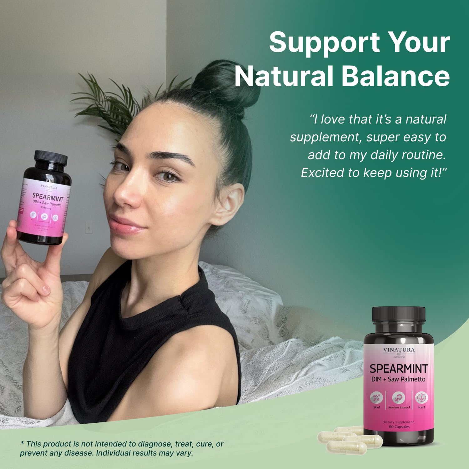 VINATURA Spearmint Leaf Capsules Supplement - Enhanced with DIM & Saw Palmetto, for Unwanted Hair, Women' Health & Skin *USA Made & Tested* - 1380mg/serving, 60 Capsules (30 Servings) - dailyvitalstore