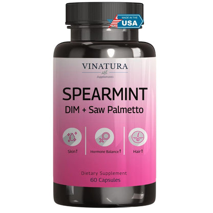 VINATURA Spearmint Leaf Capsules Supplement - Enhanced with DIM & Saw Palmetto, for Unwanted Hair, Women' Health & Skin *USA Made & Tested* - 1380mg/serving, 60 Capsules (30 Servings) - dailyvitalstore