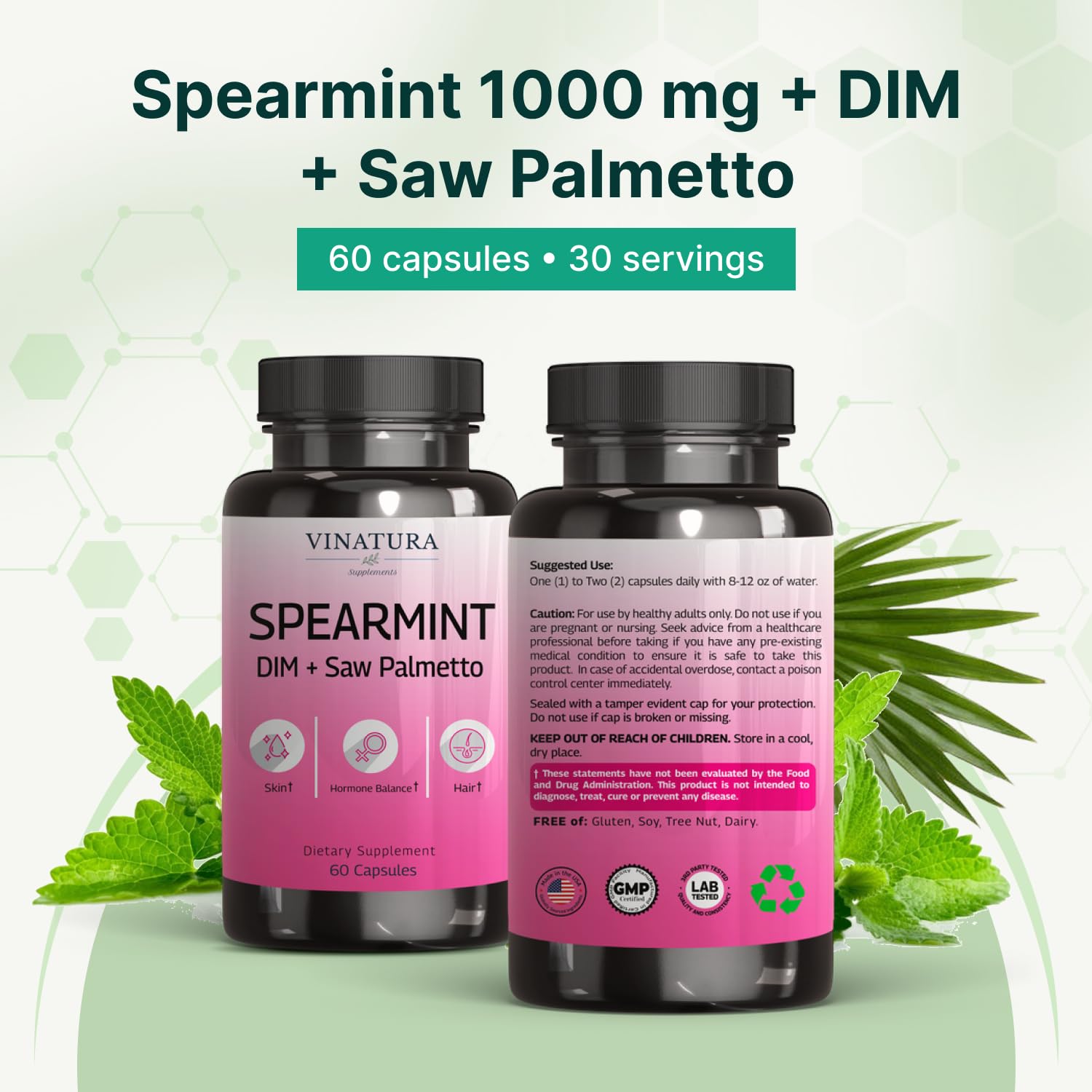 VINATURA Spearmint Leaf Capsules Supplement - Enhanced with DIM & Saw Palmetto, for Unwanted Hair, Women' Health & Skin *USA Made & Tested* - 1380mg/serving, 60 Capsules (30 Servings) - dailyvitalstore