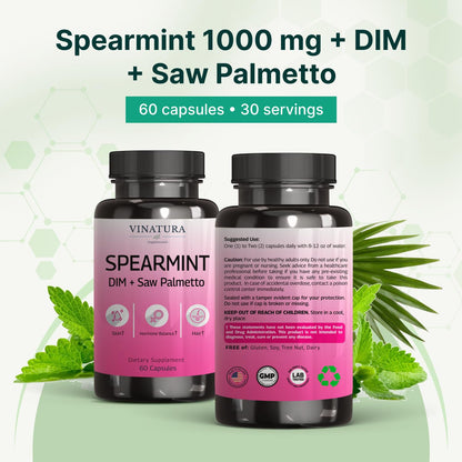 VINATURA Spearmint Leaf Capsules Supplement - Enhanced with DIM & Saw Palmetto, for Unwanted Hair, Women' Health & Skin *USA Made & Tested* - 1380mg/serving, 60 Capsules (30 Servings) - dailyvitalstore