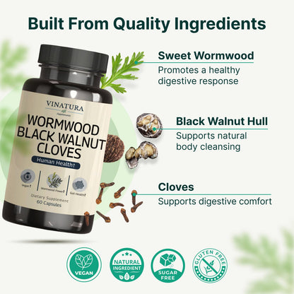 VINATURA Wormwood Black Walnut Clove Capsules - Cleanse, Detox, Intestinal Guard Formula Supplement for Humans, with Wormwood herb - dailyvitalstore