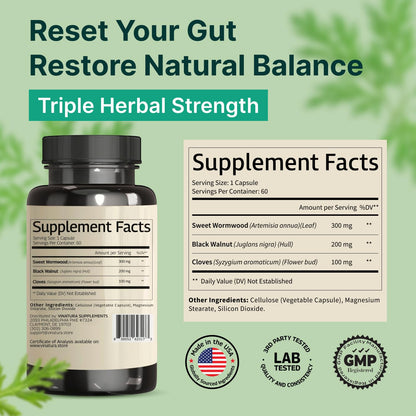 VINATURA Wormwood Black Walnut Clove Capsules - Cleanse, Detox, Intestinal Guard Formula Supplement for Humans, with Wormwood herb - dailyvitalstore