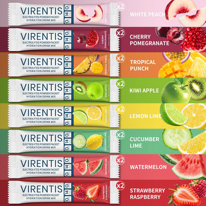 VIRENTIS 16 Sticks Electrolytes Powder Packets Sugar Free Hydration Packets, 8 Flavors Liquid Daily IV Electrolyte Drink Mix for Rehydration - dailyvitalstore