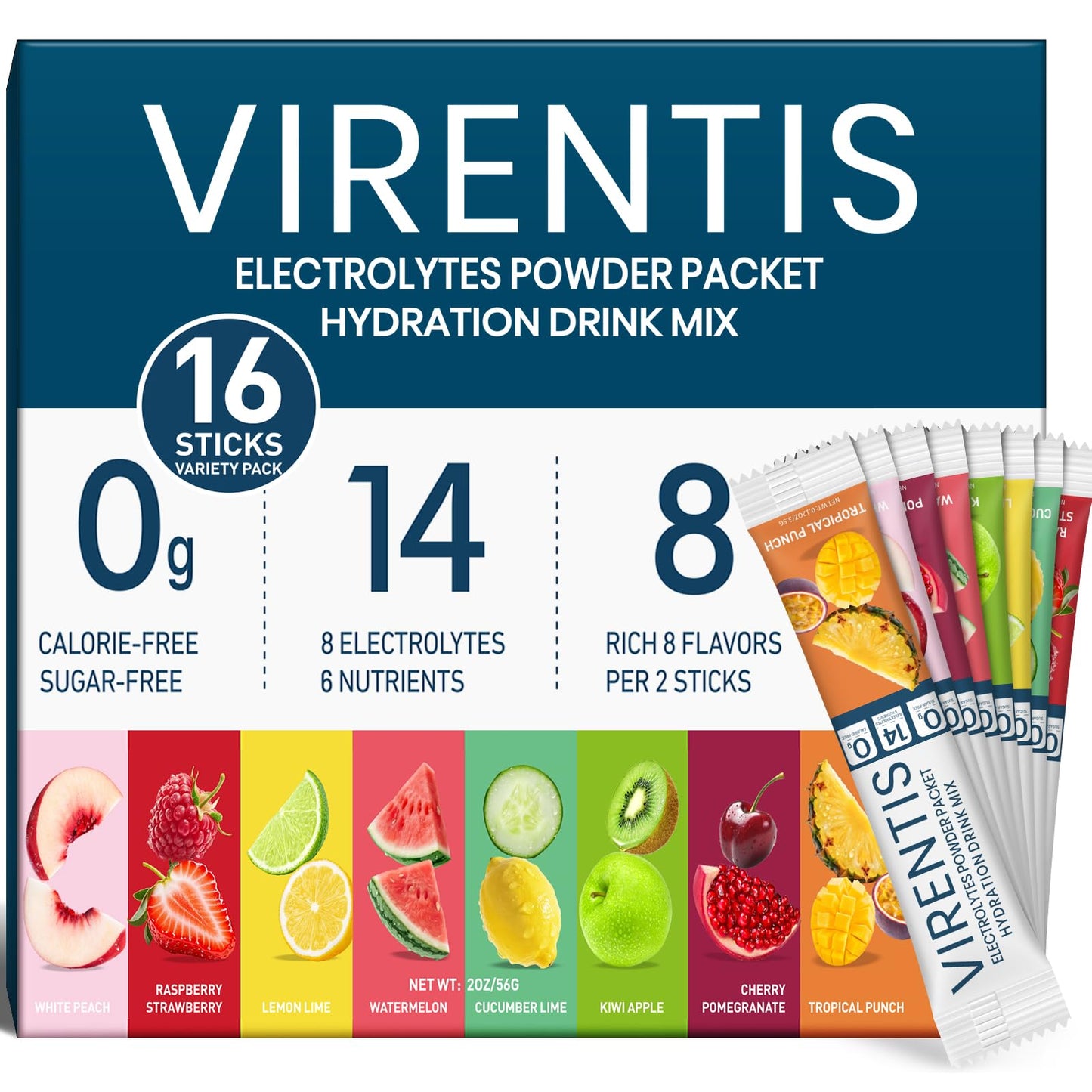 VIRENTIS 16 Sticks Electrolytes Powder Packets Sugar Free Hydration Packets, 8 Flavors Liquid Daily IV Electrolyte Drink Mix for Rehydration - dailyvitalstore