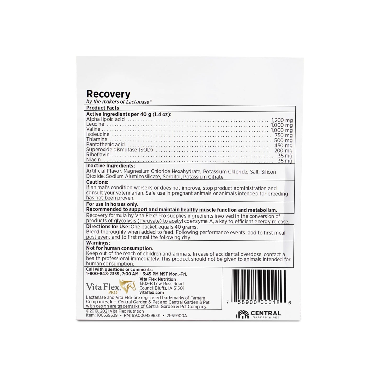 Vita Flex Pro Recovery by the Makers of Lactanase, Post Performance Horse Supplements 40 g, Show Safe Muscle Recovery Supplements, Amino Acids for Horses, Strength & Joint Health - dailyvitalstore