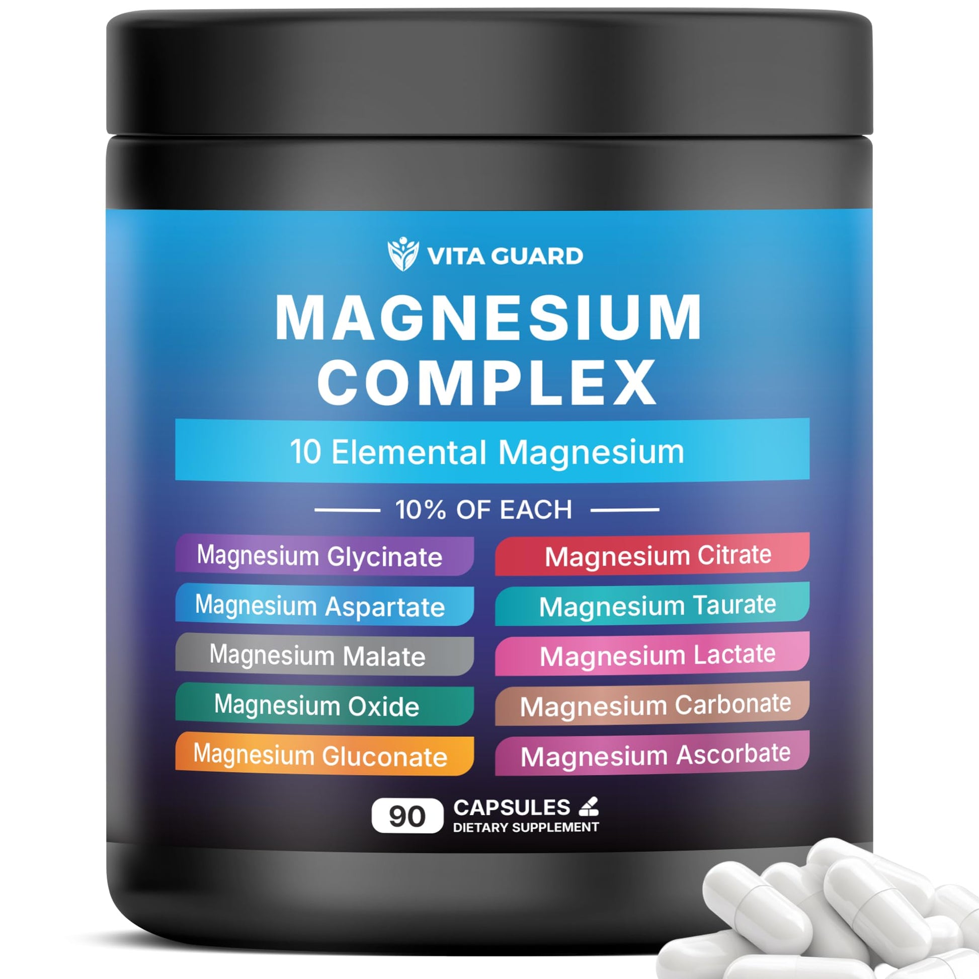 Vita Guard Magnesium Complex 1480mg – 10-in-1 with Glycinate, Citrate, Malate & More – High Absorption – Sleep, Muscle, Nerve & Heart Support – 90 Vegan Capsules – Non-GMO, Gluten-Free, No Sugar - dailyvitalstore
