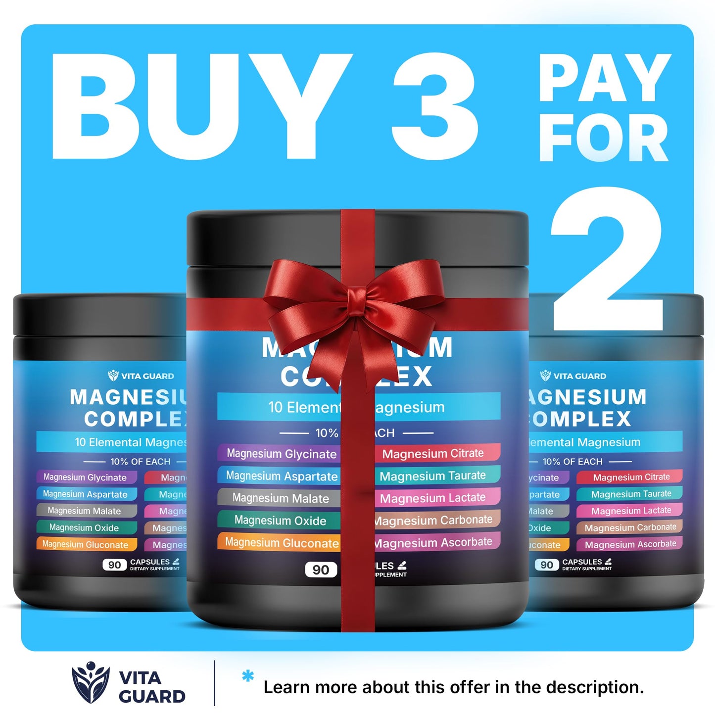 Vita Guard Magnesium Complex 1480mg – 10-in-1 with Glycinate, Citrate, Malate & More – High Absorption – Sleep, Muscle, Nerve & Heart Support – 90 Vegan Capsules – Non-GMO, Gluten-Free, No Sugar - dailyvitalstore