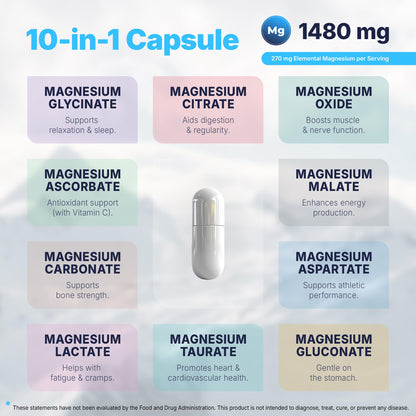 Vita Guard Magnesium Complex 1480mg – 10-in-1 with Glycinate, Citrate, Malate & More – High Absorption – Sleep, Muscle, Nerve & Heart Support – 90 Vegan Capsules – Non-GMO, Gluten-Free, No Sugar - dailyvitalstore