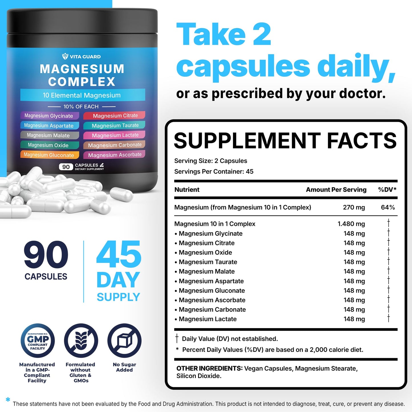Vita Guard Magnesium Complex 1480mg – 10-in-1 with Glycinate, Citrate, Malate & More – High Absorption – Sleep, Muscle, Nerve & Heart Support – 90 Vegan Capsules – Non-GMO, Gluten-Free, No Sugar - dailyvitalstore