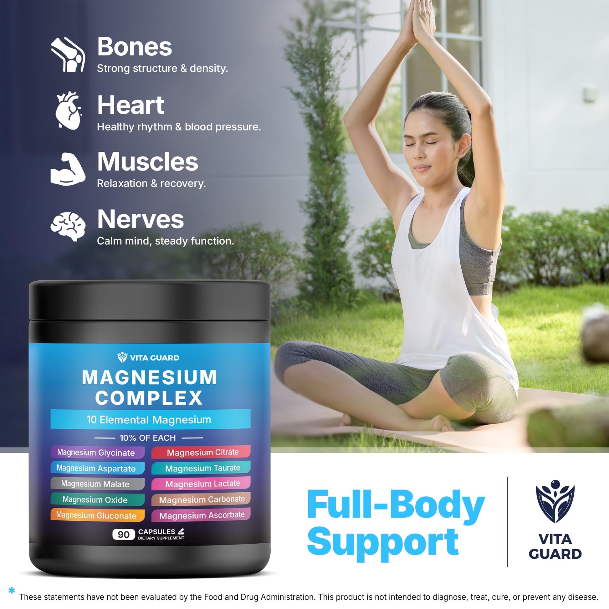 Vita Guard Magnesium Complex 1480mg – 10-in-1 with Glycinate, Citrate, Malate & More – High Absorption – Sleep, Muscle, Nerve & Heart Support – 90 Vegan Capsules – Non-GMO, Gluten-Free, No Sugar - dailyvitalstore