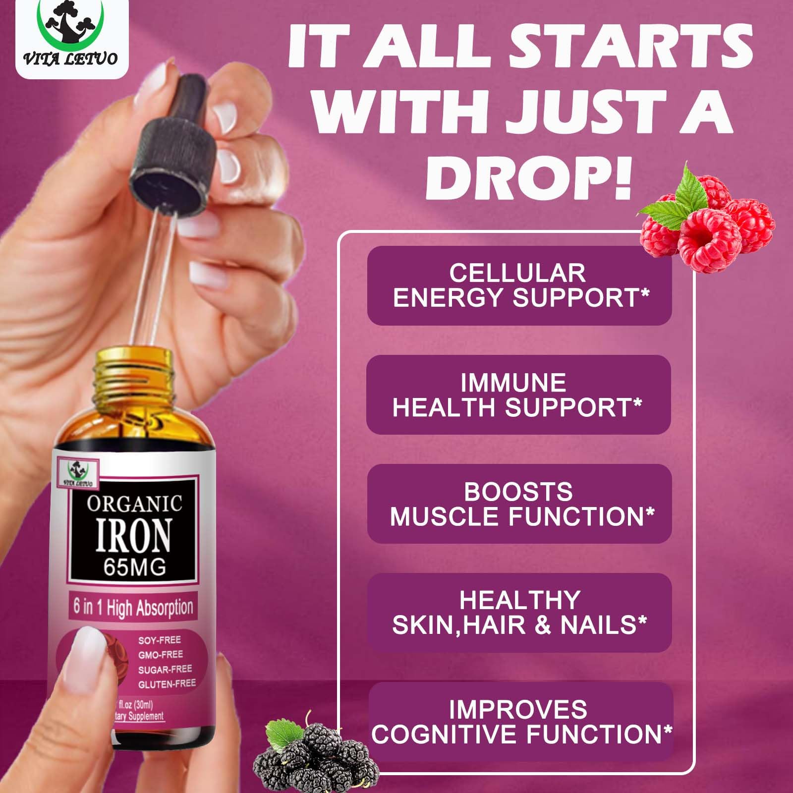 Vita letuo Iron Supplement for Women with Vitamin C,6-in-1 Liquid Supplement w/Vitamin B12,Vitamin B6,High Absorption Liquid Iron Drops for Red Blood Cells - dailyvitalstore