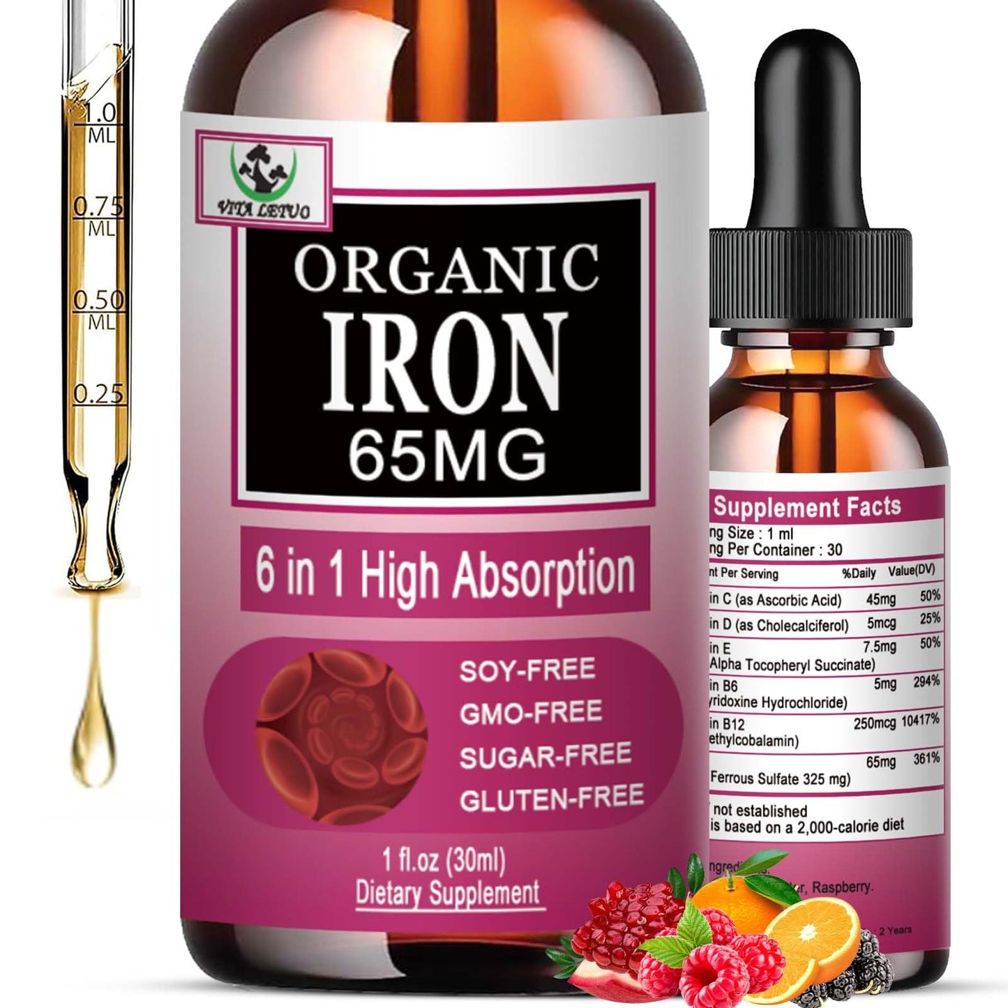 Vita letuo Iron Supplement for Women with Vitamin C,6-in-1 Liquid Supplement w/Vitamin B12,Vitamin B6,High Absorption Liquid Iron Drops for Red Blood Cells - dailyvitalstore