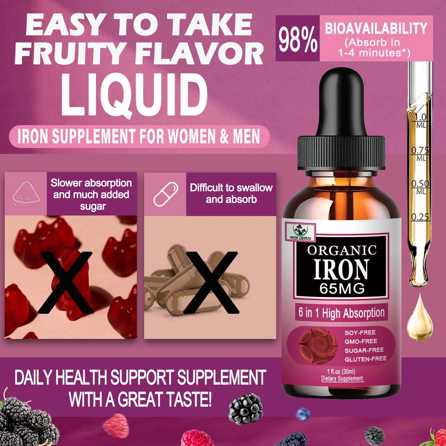 Vita letuo Iron Supplement for Women with Vitamin C,6-in-1 Liquid Supplement w/Vitamin B12,Vitamin B6,High Absorption Liquid Iron Drops for Red Blood Cells - dailyvitalstore