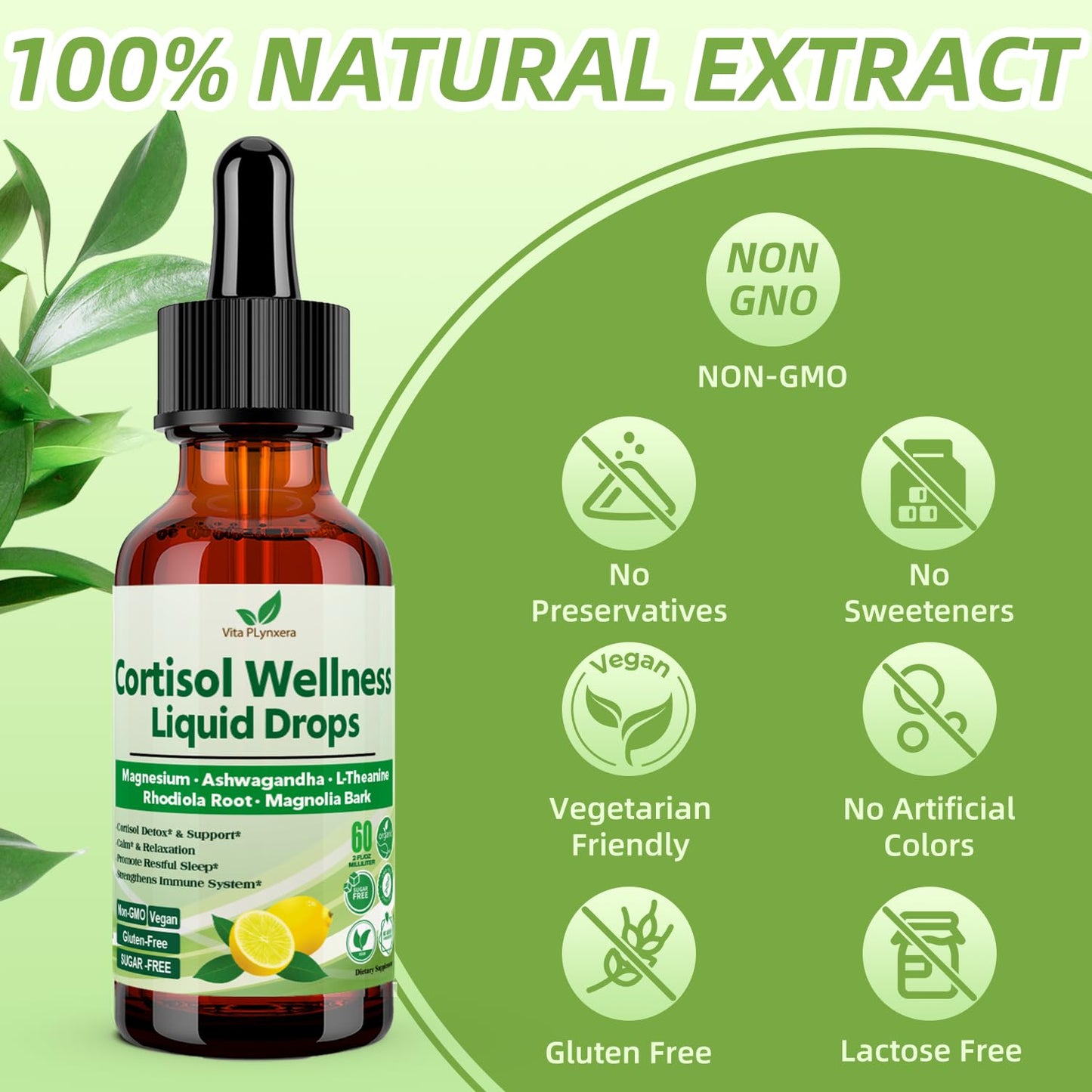Vita PLynxera Cortisol Supplement Liquid Drops, 17-in-1 Cortisol Detox w. Magnesium Glycinate 400mg Ashwagandha, L-Theanine, Phosphatidylserine, Hormone Balanced - dailyvitalstore