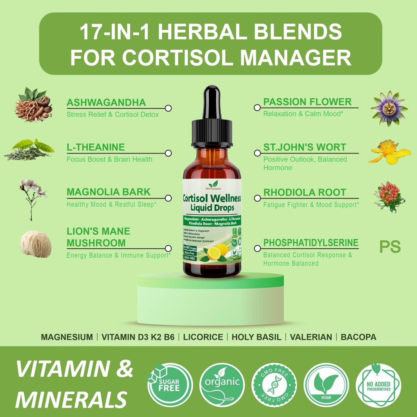 Vita PLynxera Cortisol Supplement Liquid Drops, 17-in-1 Cortisol Detox w. Magnesium Glycinate 400mg Ashwagandha, L-Theanine, Phosphatidylserine, Hormone Balanced - dailyvitalstore