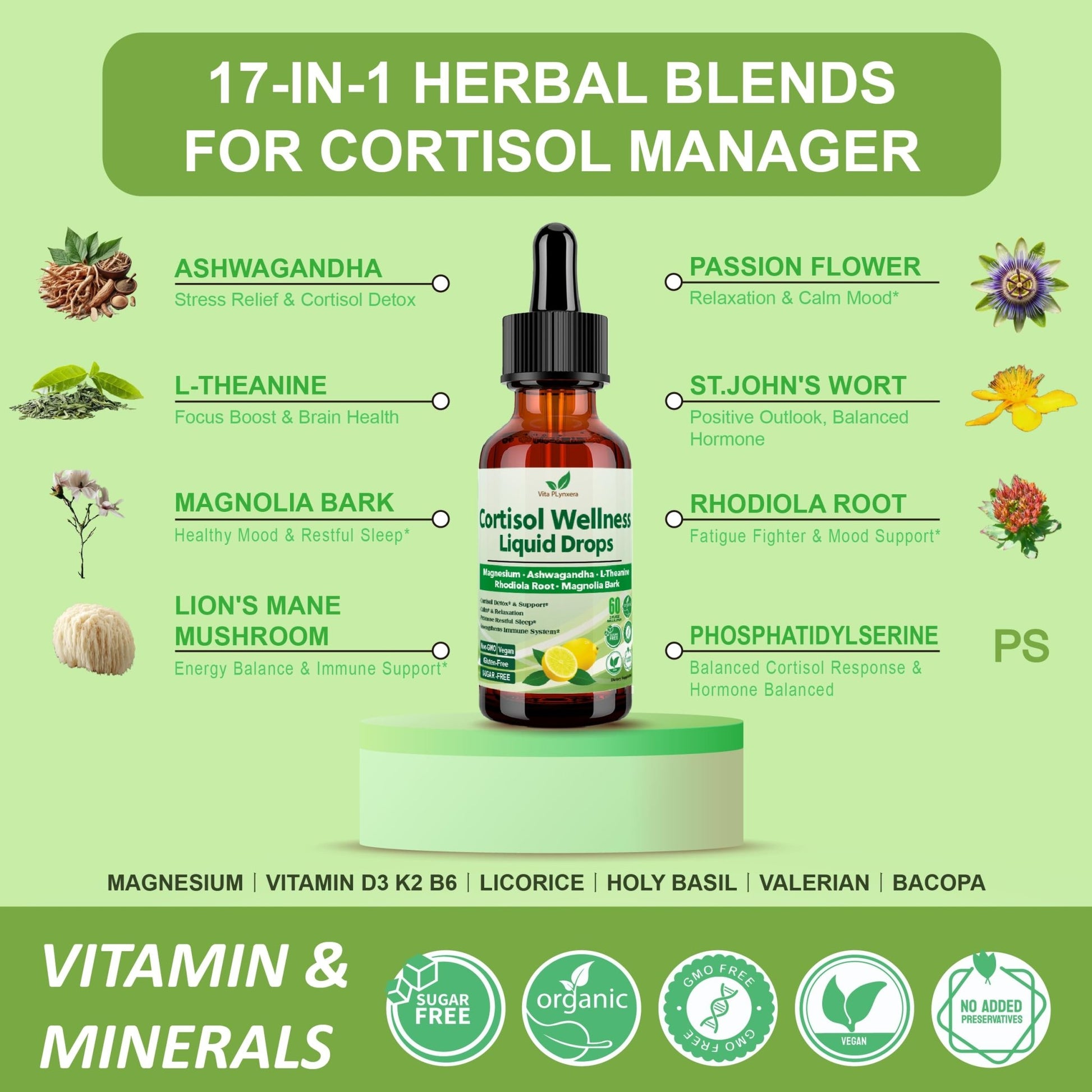 Vita PLynxera Cortisol Supplement Liquid Drops, 17-in-1 Cortisol Detox w. Magnesium Glycinate 400mg Ashwagandha, L-Theanine, Phosphatidylserine, Hormone Balanced - dailyvitalstore