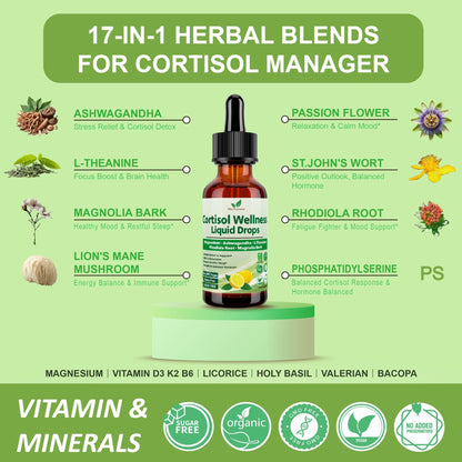 Vita PLynxera Cortisol Supplement Liquid Drops, 17-in-1 Cortisol Detox w. Magnesium Glycinate 400mg Ashwagandha, L-Theanine, Phosphatidylserine, Hormone Balanced - dailyvitalstore