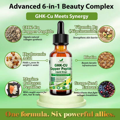 Vita PLynxera GHK-CU Peptide Supplement Liquid Drops, Premium 6-in-1 GHK CU Copper Peptides w. Marine Collagen Hyaluronic Acid Biotin for Anti-Aging, Skin Hair Growth Support, Oral Drops丨Women Men - dailyvitalstore