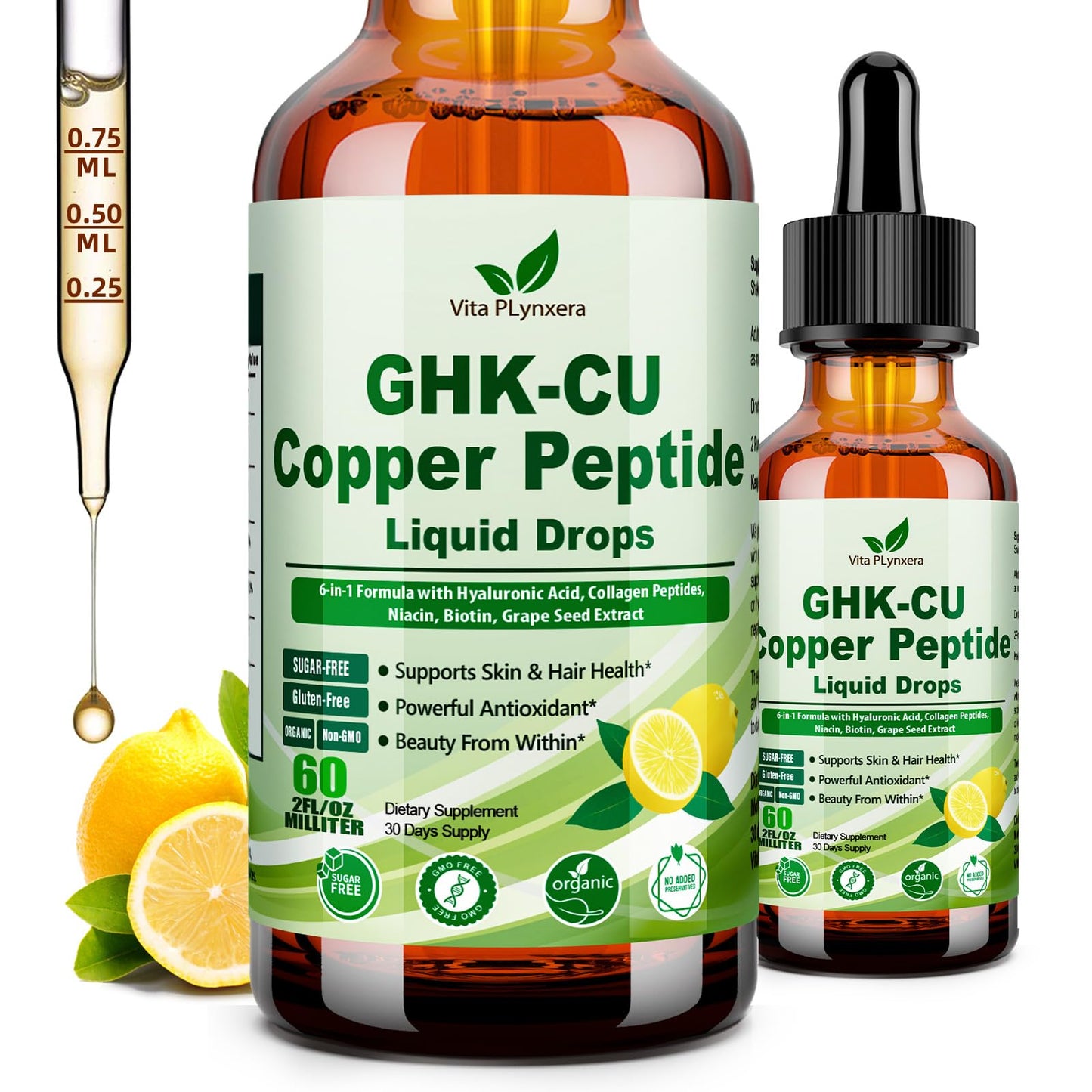 Vita PLynxera GHK-CU Peptide Supplement Liquid Drops, Premium 6-in-1 GHK CU Copper Peptides w. Marine Collagen Hyaluronic Acid Biotin for Anti-Aging, Skin Hair Growth Support, Oral Drops丨Women Men - dailyvitalstore