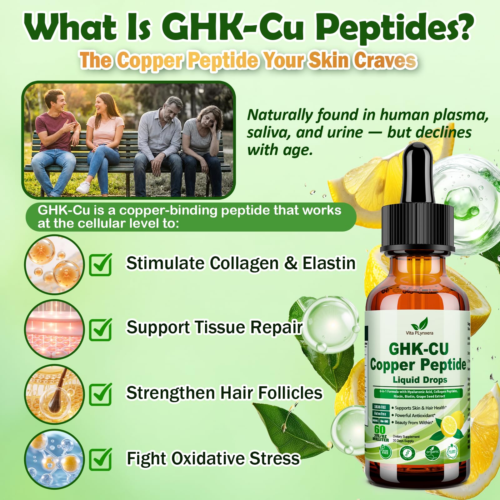 Vita PLynxera GHK-CU Peptide Supplement Liquid Drops, Premium 6-in-1 GHK CU Copper Peptides w. Marine Collagen Hyaluronic Acid Biotin for Anti-Aging, Skin Hair Growth Support, Oral Drops丨Women Men - dailyvitalstore