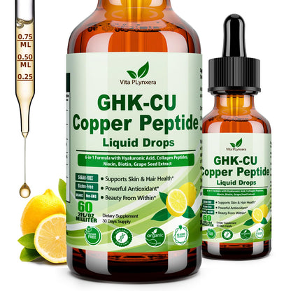 Vita PLynxera GHK-CU Peptide Supplement Liquid Drops, Premium 6-in-1 GHK CU Copper Peptides w. Marine Collagen Hyaluronic Acid Biotin for Anti-Aging, Skin Hair Growth Support, Oral Drops丨Women Men - dailyvitalstore