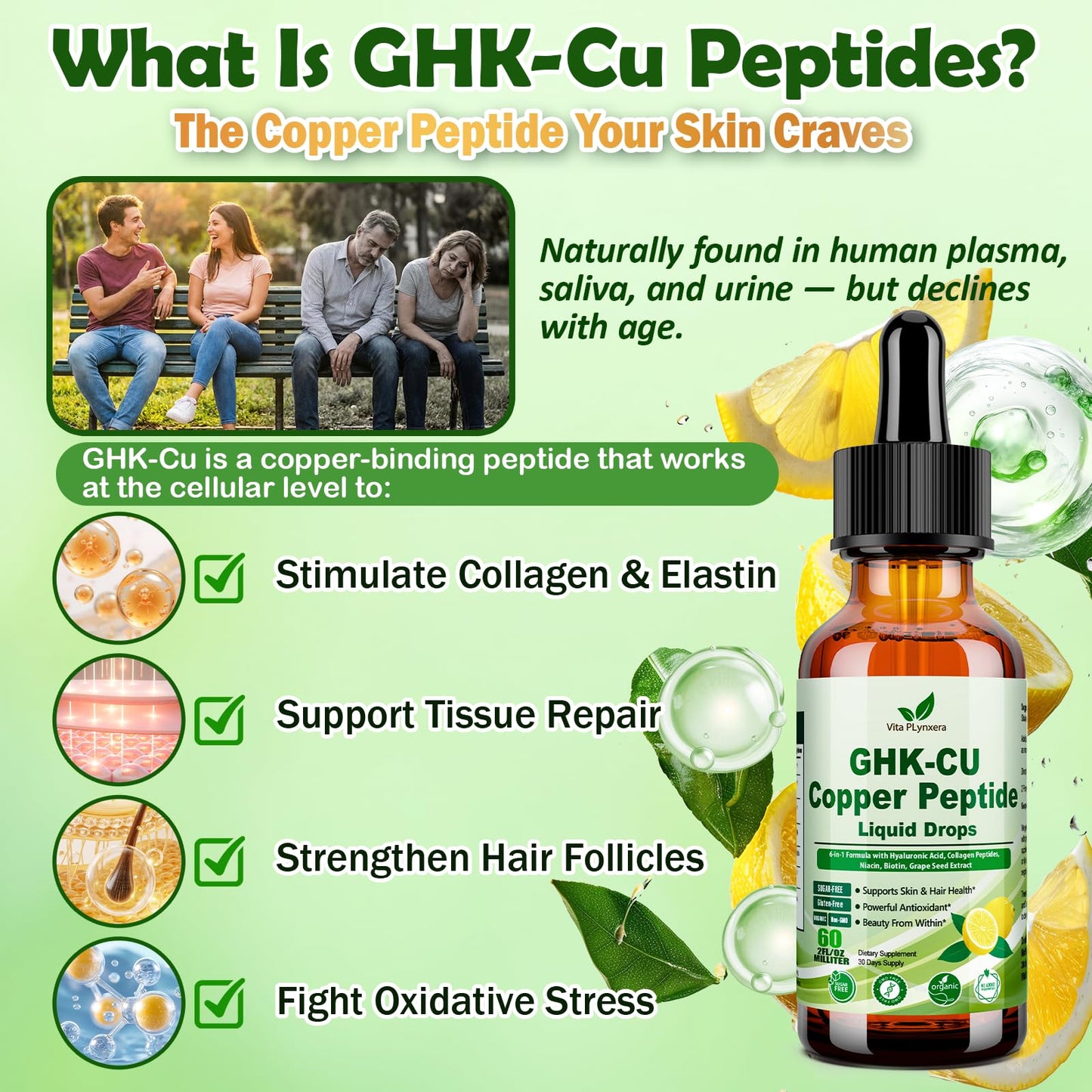 Vita PLynxera GHK-CU Peptide Supplement Liquid Drops, Premium 6-in-1 GHK CU Copper Peptides w. Marine Collagen Hyaluronic Acid Biotin for Anti-Aging, Skin Hair Growth Support, Oral Drops丨Women Men - dailyvitalstore