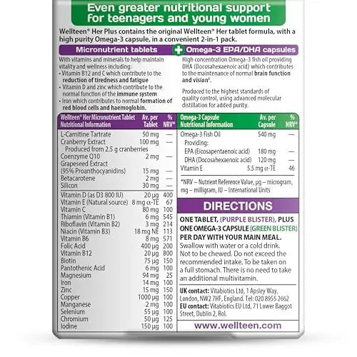 Vitabiotics Wellteen Her Plus Omega-3 - Advanced Nutritional Support for Teenagers and Young Women Ages 13-19 - dailyvitalstore