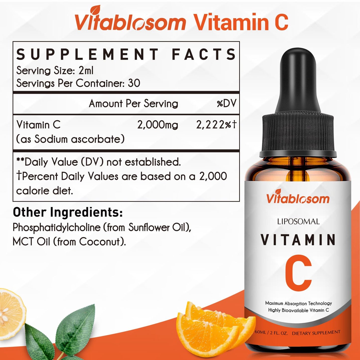 Vitablosom Liposomal Vitamin C 2000mg Liquid for Adults, High Absorption VIT C, Maximize Vitamin C, Immune System & Antioxidant Support, 60ML (2 Bottle) - dailyvitalstore